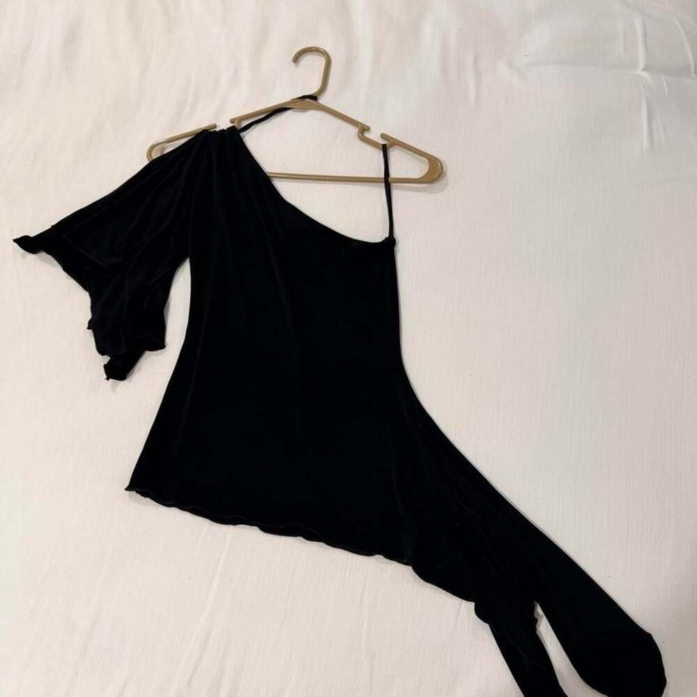 Tempted Black One Shoulder Ruffle Asymmetric Top